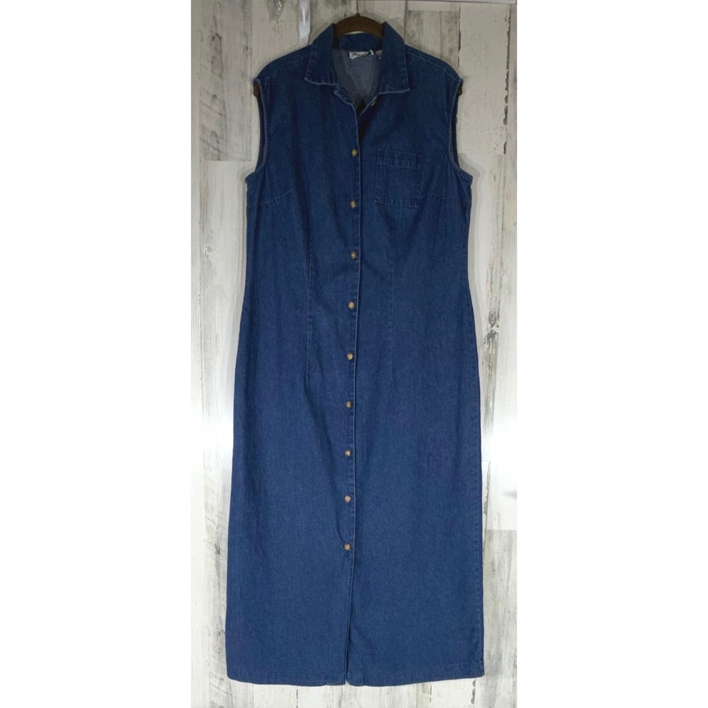 Joanna Denim Maxi Dress Medium Blue Sleeveless Button Front 100% Cotton READ